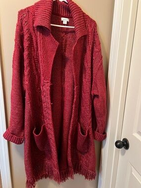Sundance Red Open-Front Fringe Knit Cardigan XL